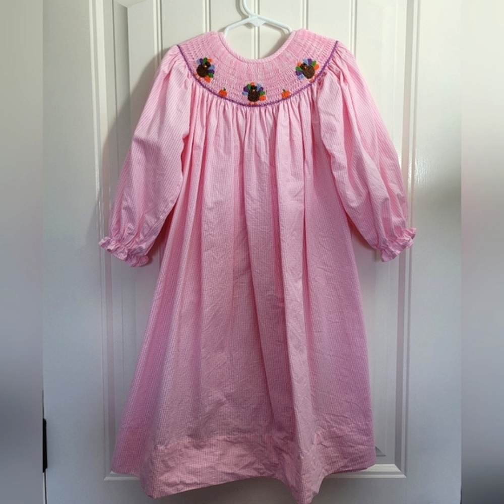 Cecil and Lou Thanksgiving turkey smocked bishop dress pink gingham pla…